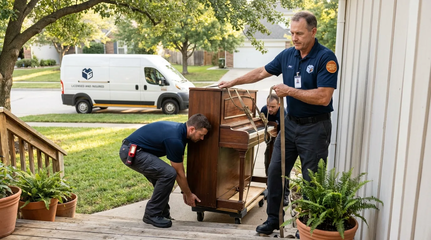 Licensed piano movers securing grand piano in Glenwood Springs, CO
