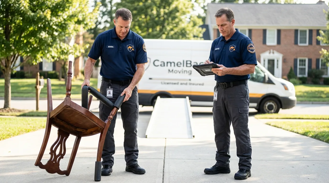 Movers inspecting furniture for damage prevention before loading in Glenwood Springs, CO