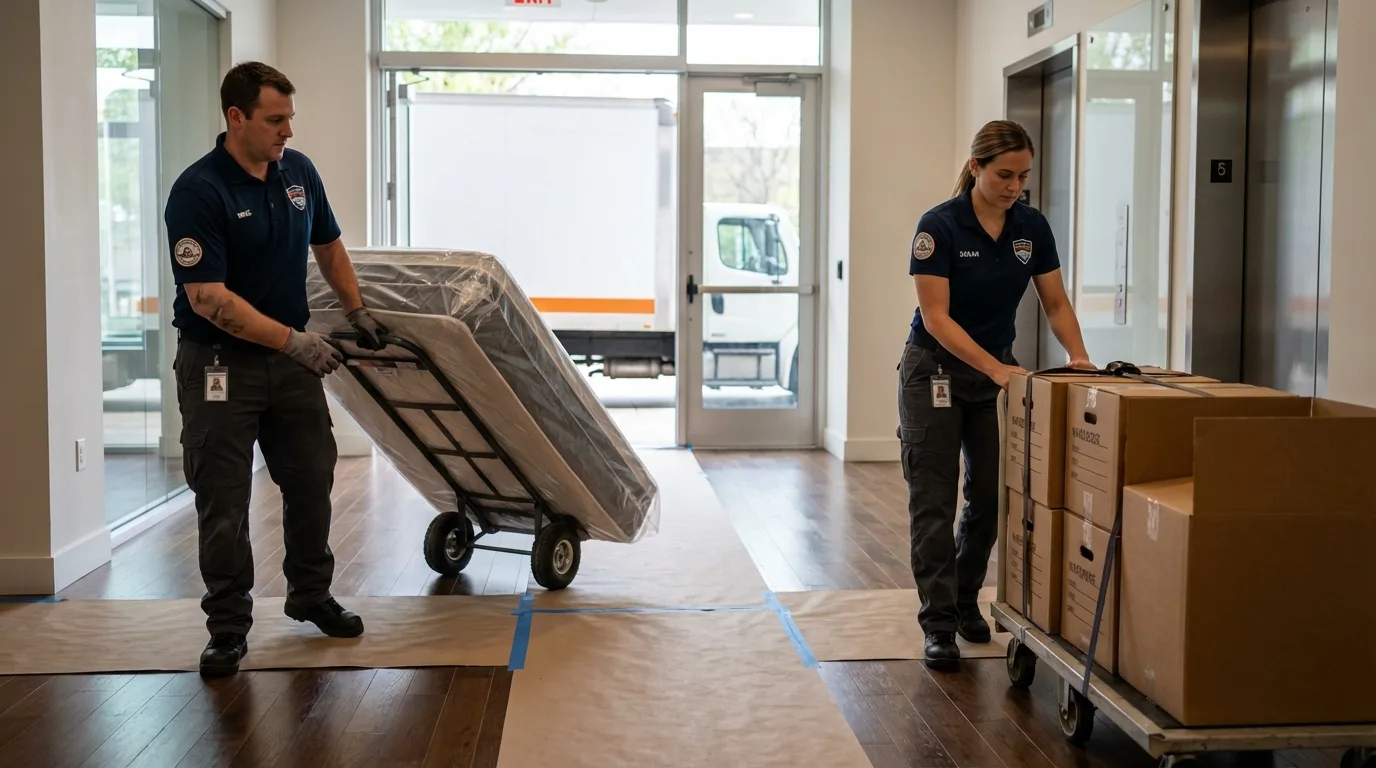 Professional apartment movers loading elevator in Glenwood Springs, CO