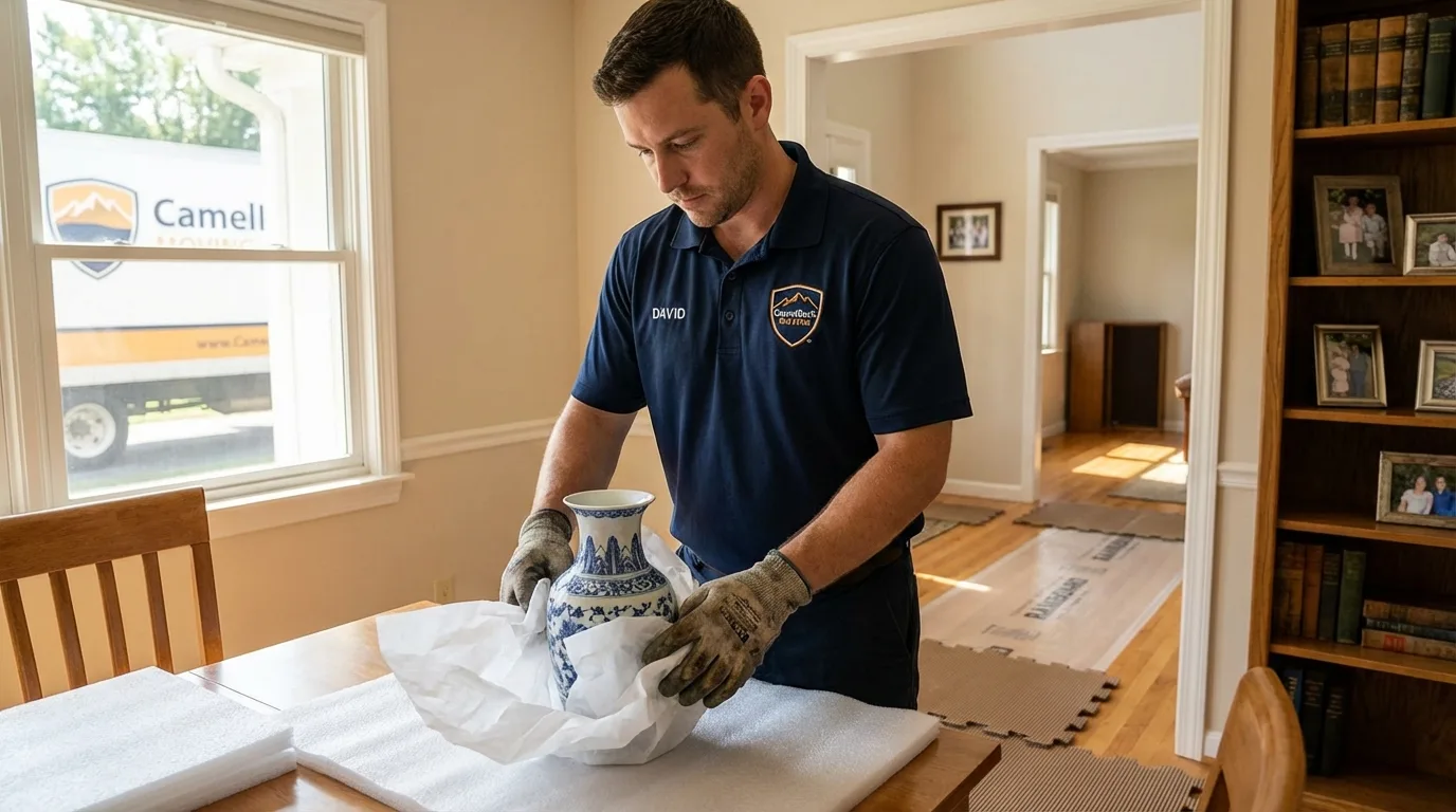 Professional crew carefully wrapping antique vase for senior downsizing move in Glenwood Springs, CO